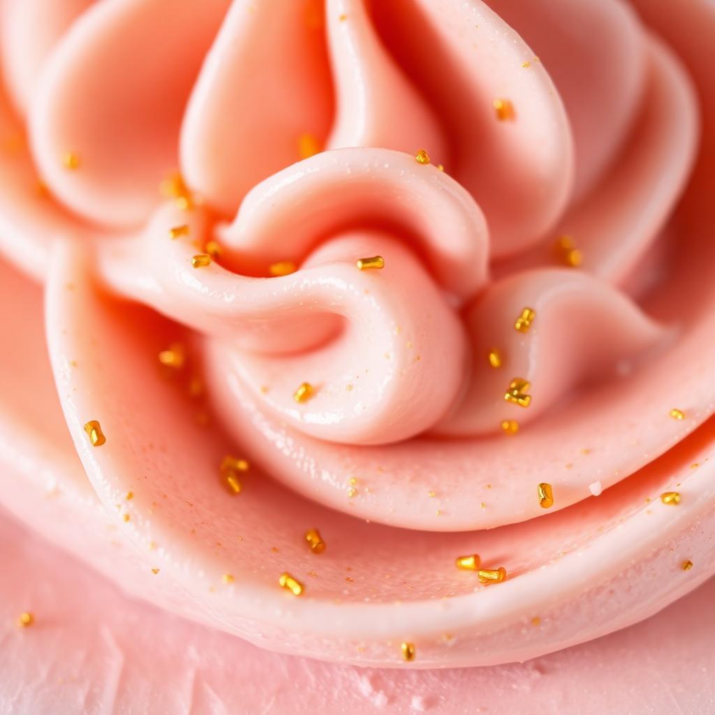 Close-up of piped peach buttercream with gold sprinkles