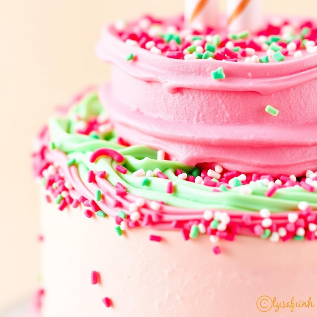 Colourful pink and pistachio buttercream celebration cake with sprinkles