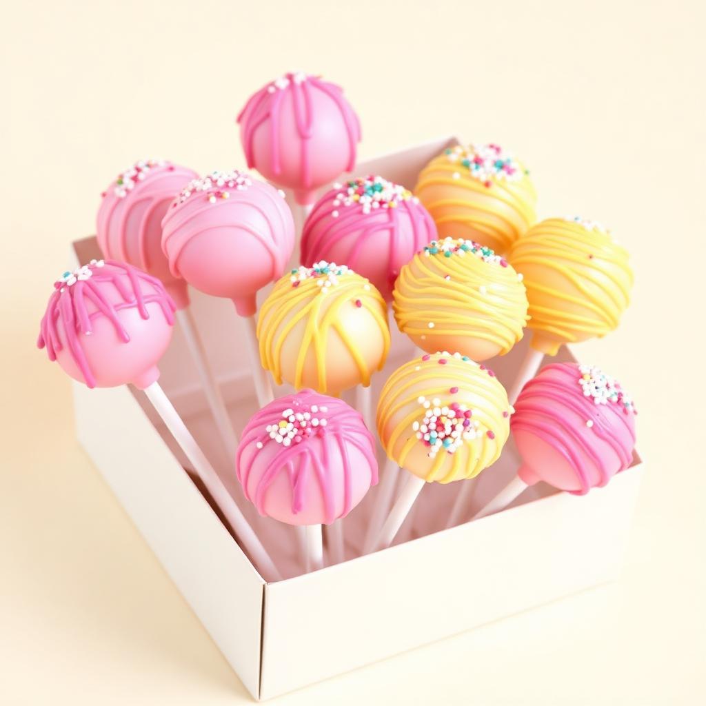 Box of pink and yellow decorated cake pops