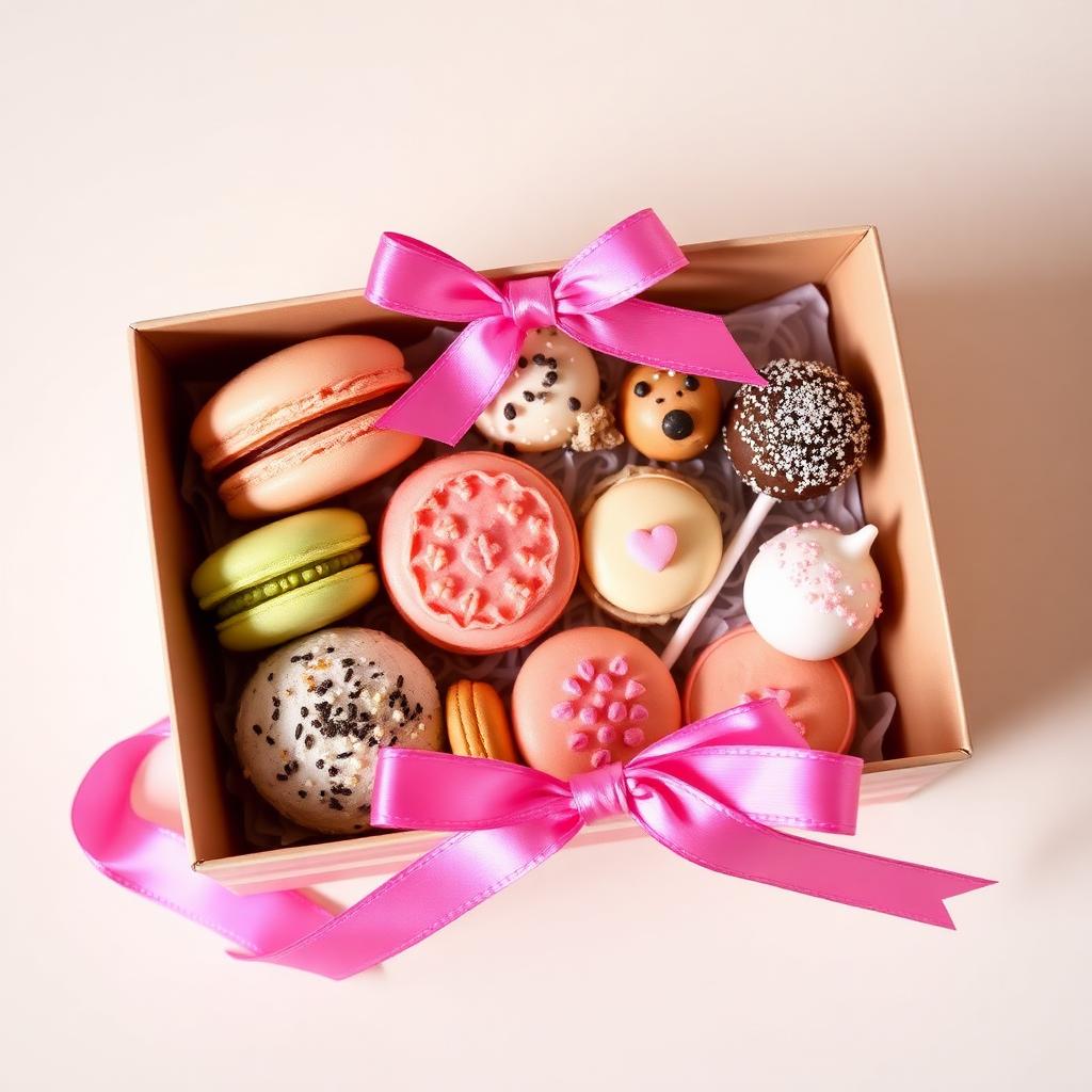 Gift box of macarons, cake pops and mini treats with pink ribbon