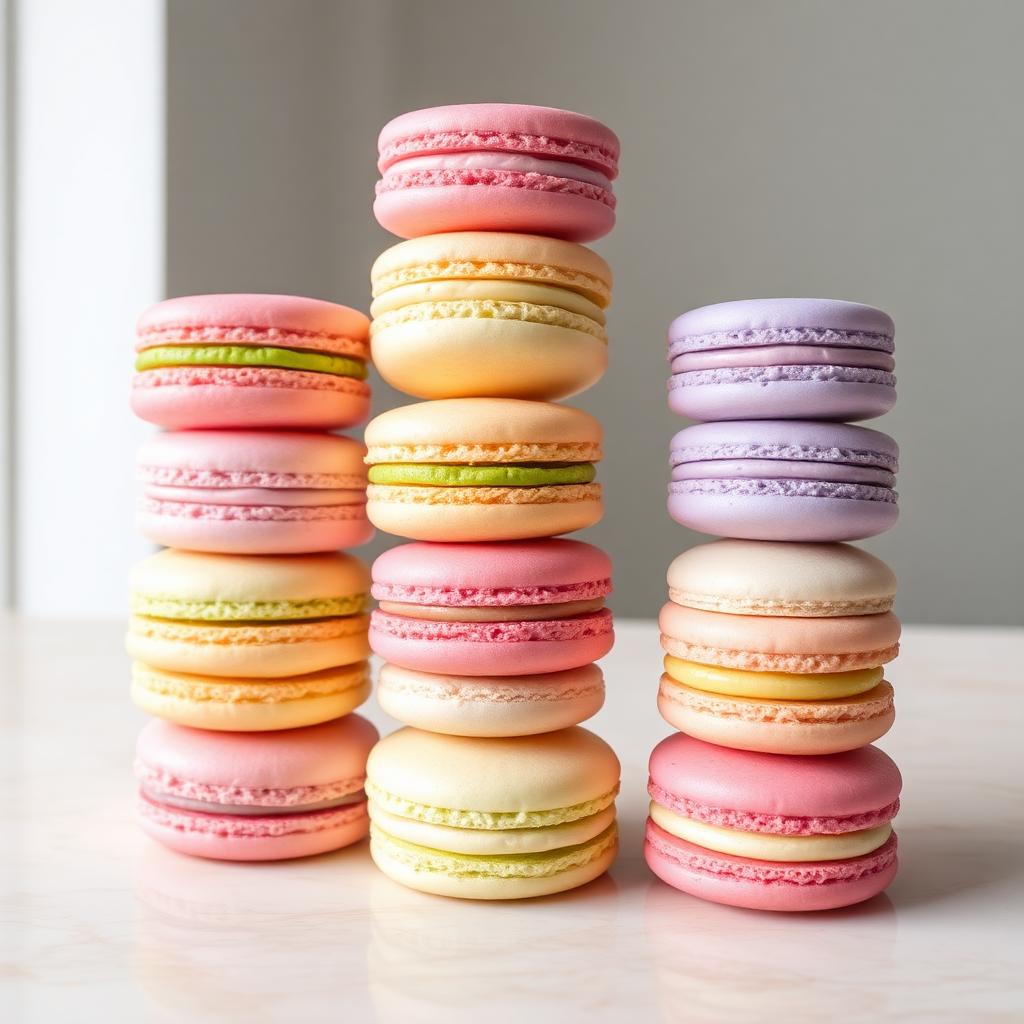 Stacked towers of pastel macarons