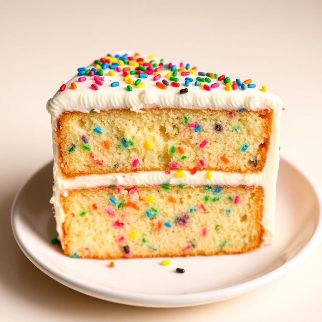 Slice of funfetti sponge cake with vanilla buttercream